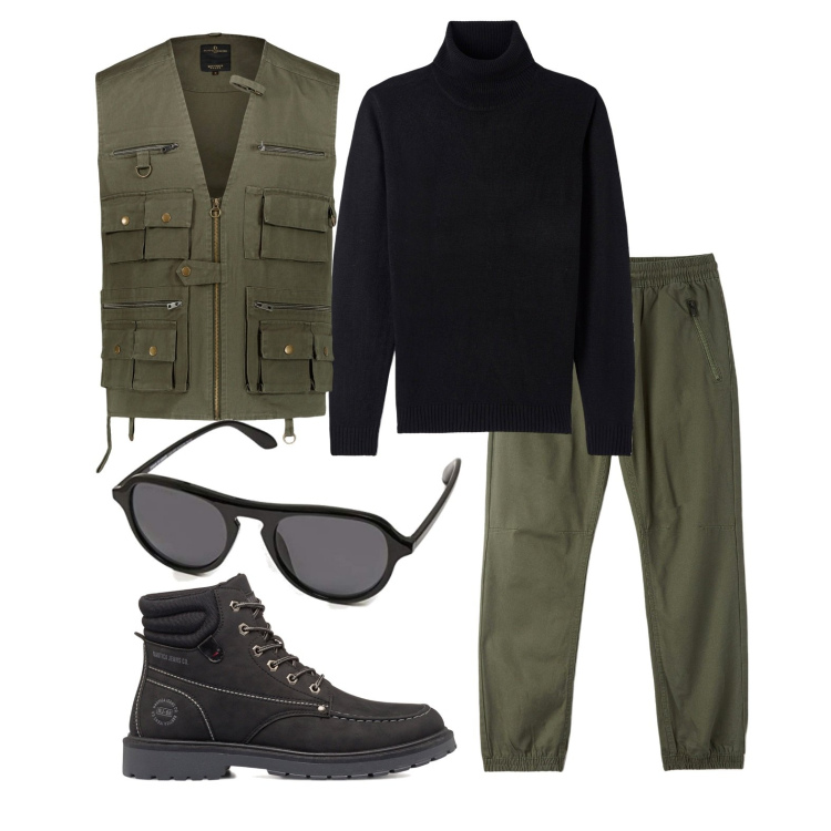 Outfit uomo - Ghost outfitter - ottobre. Stile Casual per Tutti i giorni. Abbinamento con stivali e stivaletti, gilet, occhiali da sole, pantaloni, maglieria.