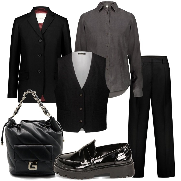 Outfit donna - Welcome Doppelgänger e Primadonna. Stile Mannish per Tutti i giorni. Abbinamento con mocassini, pantaloni, blazer, gilet, borse a spalla, camicie.