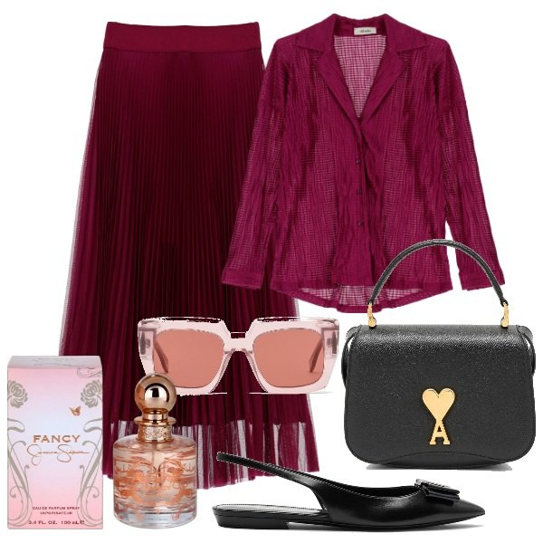 Outfit donna - Ufficio. Stile Chic per Ufficio. Abbinamento con profumi, gonne longuette, camicie, décolleté, occhiali da sole, borse a tracolla.