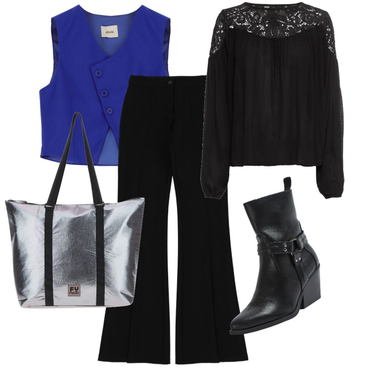 Outfit donna - Il gilet blu elettrico. Stile Casual chic per Serata fuori. Abbinamento con tuniche, stivaletti texani, borse tote, gilet, pantaloni.