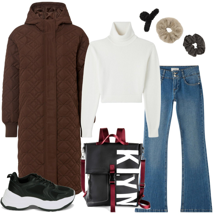 Outfit donna - Un caldo piumino. Stile Casual per Scuola/Università. Abbinamento con cappotti, zaini, jeans a zampa, maglieria, accessori per capelli, sneakers alte.