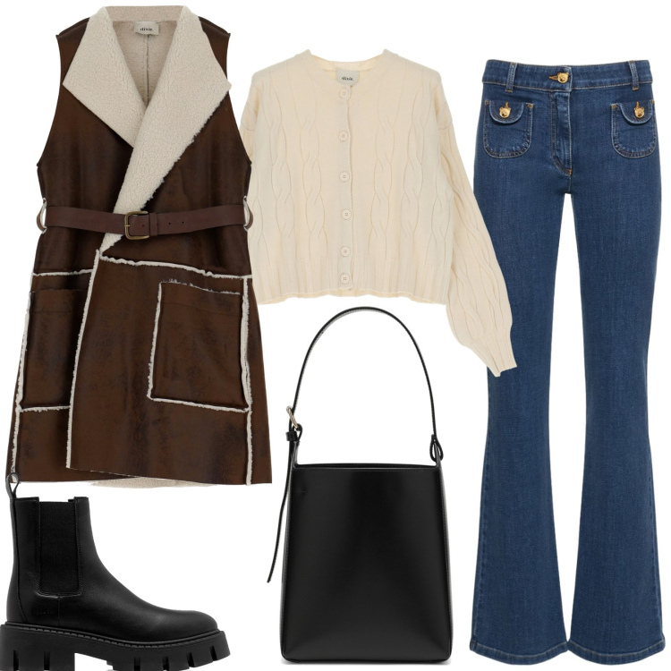 Outfit donna - Borsa semplice e di classe. Stile Casual chic per Tutti i giorni. Abbinamento con stivaletti, pullovers, blazer, jeans, borse a tracolla.
