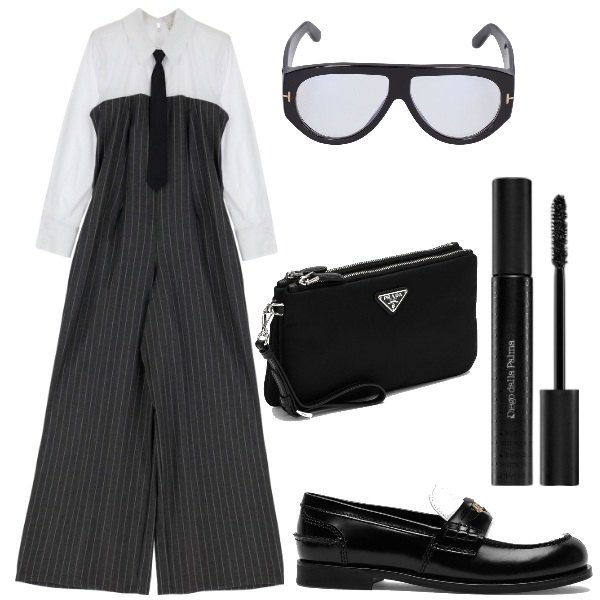 Outfit donna - Mannish con cravatta. Stile Chic per Ufficio. Abbinamento con mascara, tute, pochette, mocassini, occhiali.