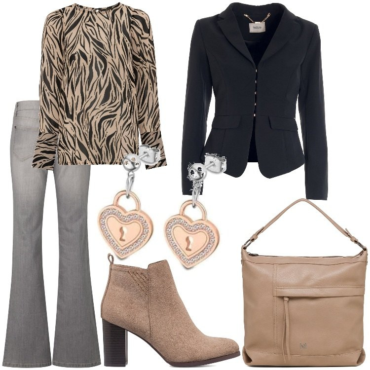 Outfit donna - Fantasia in beige e nero. Stile Casual per Serata fuori. Abbinamento con jeans bootcut, bluse, blazer, stivaletti, borse a tracolla, orecchini.
