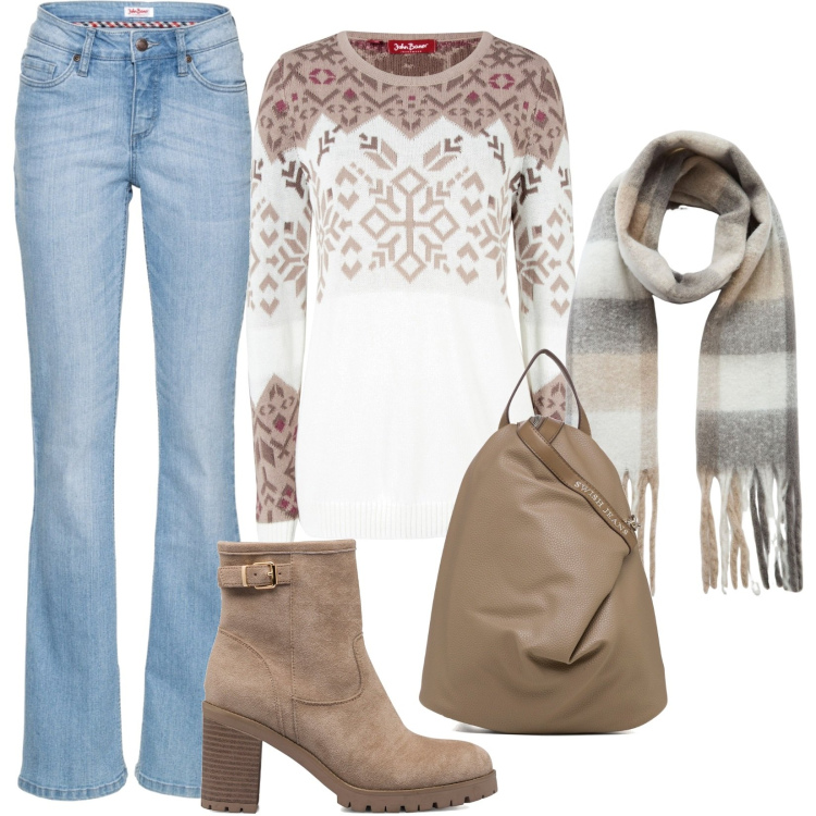 Outfit donna - oggi sto comoda. Stile Casual per Tutti i giorni. Abbinamento con maglieria, jeans bootcut, sciarpe, stivaletti, zaini.