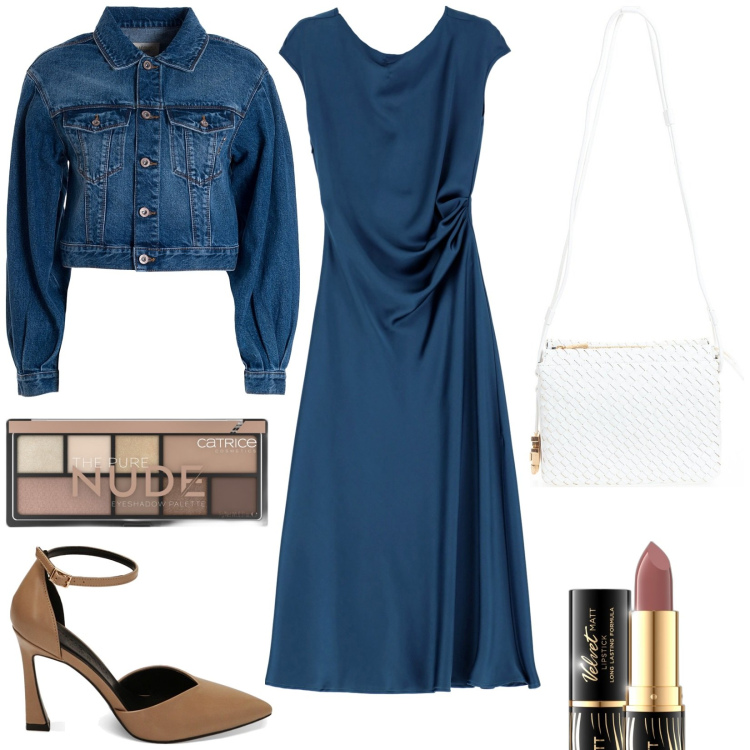 Outfit donna - Bellissimo abito blu. Stile Chic per Tutti i giorni. Abbinamento con rossetti, ombretti, giacche, borse a tracolla, vestiti midi/longuette, décolleté.