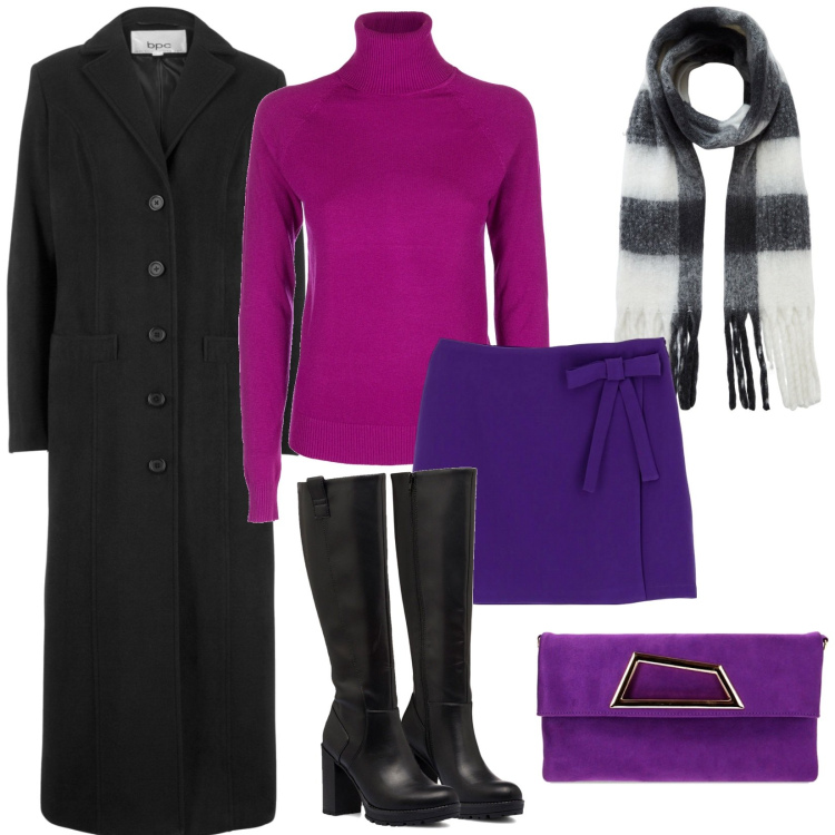 Outfit donna - Che bello il viola. Stile Chic per Tutti i giorni. Abbinamento con cappotti, sciarpe, maglieria, minigonne, pochette, stivali sopra il ginocchio.