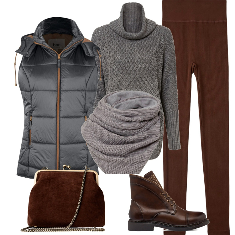 Outfit donna - il collo al caldo. Stile Casual per Tutti i giorni. Abbinamento con gilet, foulard, maglieria, leggings, stivaletti, clutch.