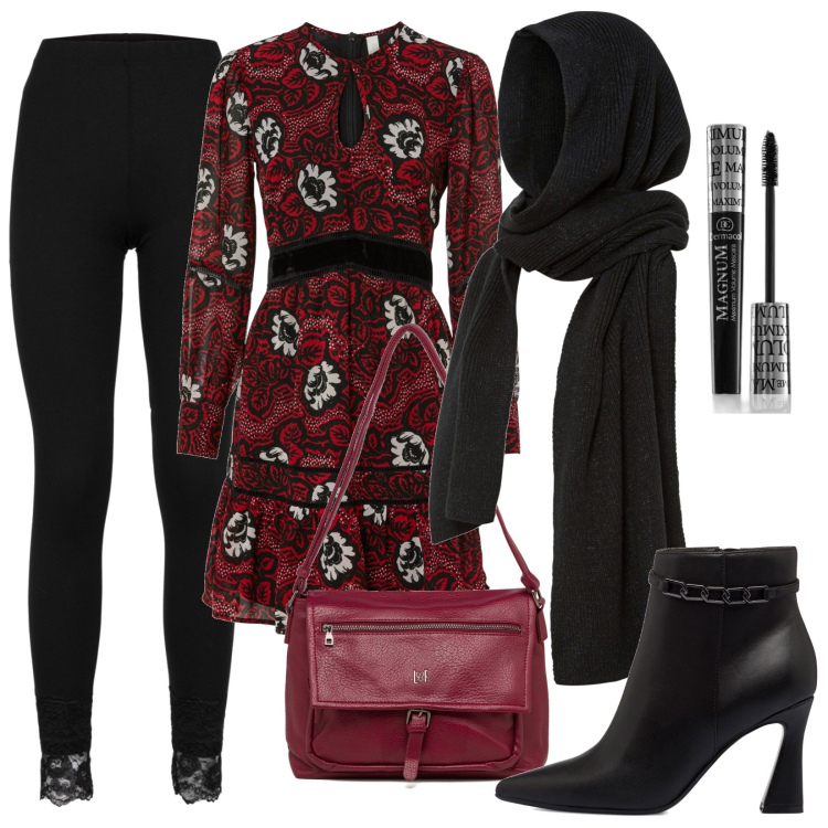 Outfit donna - sciarpa e cappello tutto in uno. Stile Trendy per Tutti i giorni. Abbinamento con sciarpe, vestiti, leggings, mascara, stivaletti, borse a tracolla.