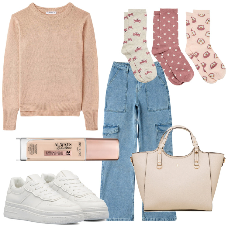 Outfit donna - Total look #1751447. Stile Trendy per Tutti i giorni. Abbinamento con fondotinta, jeans, calzini, maglieria, borse a mano, sneakers.