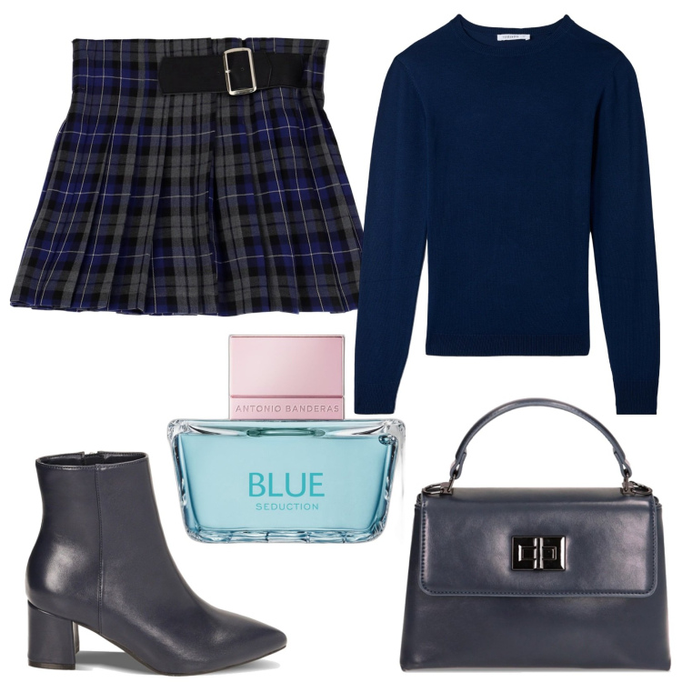 Outfit donna - Eclissi blu notte. Stile Preppy per Serata fuori. Abbinamento con profumi, maglieria, stivaletti, borse a mano, minigonne.