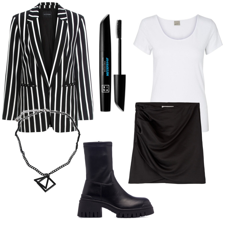 Outfit donna - Total look #1751455. Stile Glamour per Tutti i giorni. Abbinamento con blazer, mascara, gonne, stivaletti, t-shirt, collane.