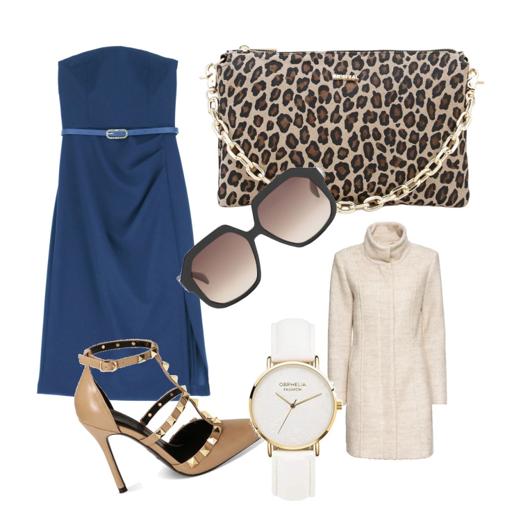Outfit donna - Animalier e blu. Stile Chic per Serata fuori. Abbinamento con cappotti, occhiali da sole, vestiti corti, pochette, décolleté, orologi analogici.