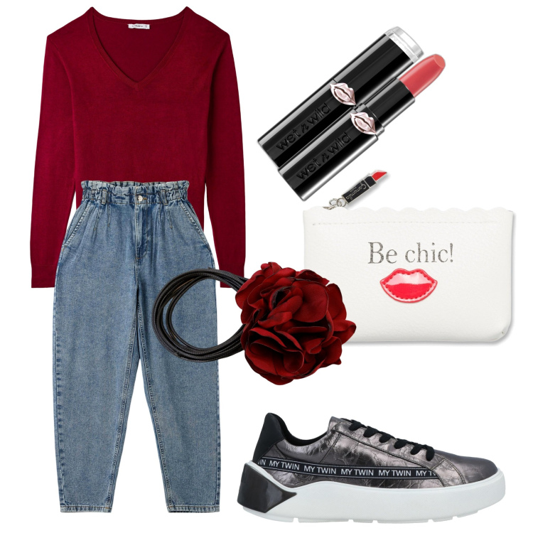 Outfit donna - Total look #1751465. Stile Casual chic per Tutti i giorni. Abbinamento con sneakers alte, rossetti, maglieria, jeans, collane, portamonete.