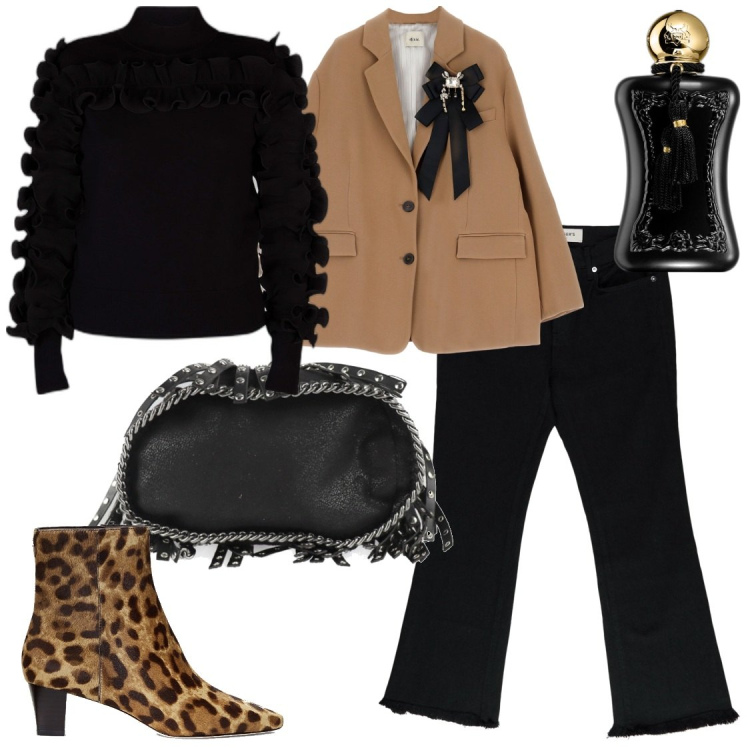 Outfit donna - Carisma Unico. Stile Glamour per Serata fuori. Abbinamento con borse a spalla, profumi, maglieria, cappotti, stivaletti, pantaloni.