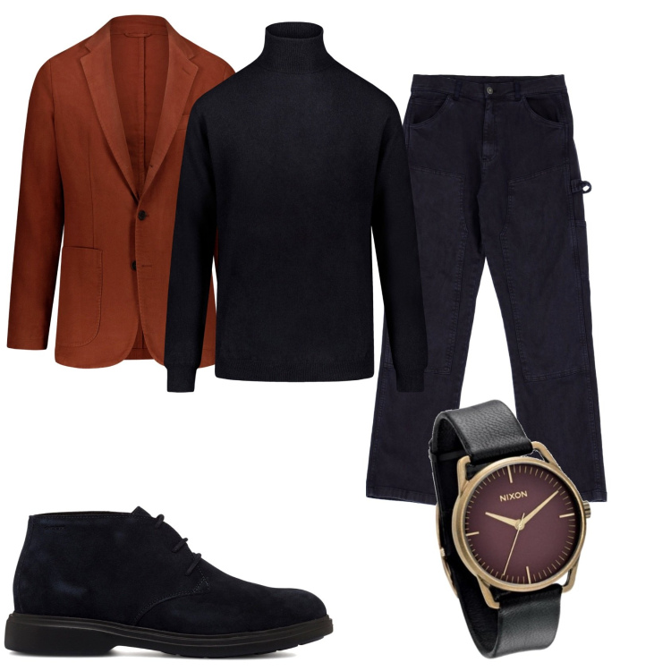 Outfit uomo - In blu con giacca rossa. Stile Trendy per Tutti i giorni. Abbinamento con pantaloni, stivali e stivaletti, maglieria, giacche, orologi.