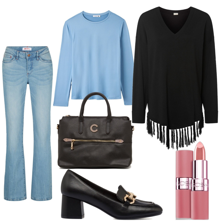 Outfit donna - Frange danzanti. Stile Basic per Ufficio. Abbinamento con jeans bootcut, cappotti, rossetti, t-shirt, décolleté, borse a mano.