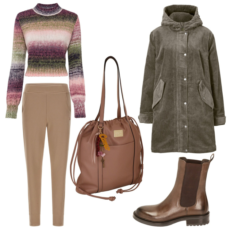 Outfit donna - Tempo libero. Stile Sporty chic per Tutti i giorni. Abbinamento con parka, maglieria, stivaletti chelsea, pantaloni, borse a spalla.