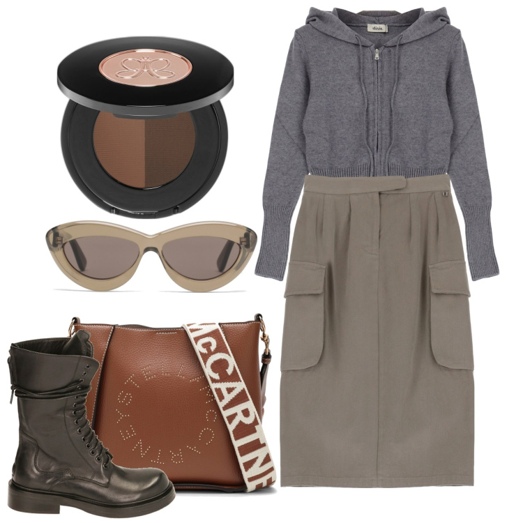 Outfit donna - Cenere e terra. Stile Urban per Tutti i giorni. Abbinamento con ciprie, anfibi, gonne longuette, felpe con cappuccio, occhiali da sole, borse a tracolla.