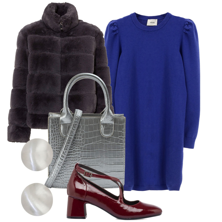 Outfit donna - Le scarpe in vernice bordeaux. Stile Bon Ton per Tutti i giorni. Abbinamento con ecopellicce, shopping bag, vestiti, orecchini, décolleté.