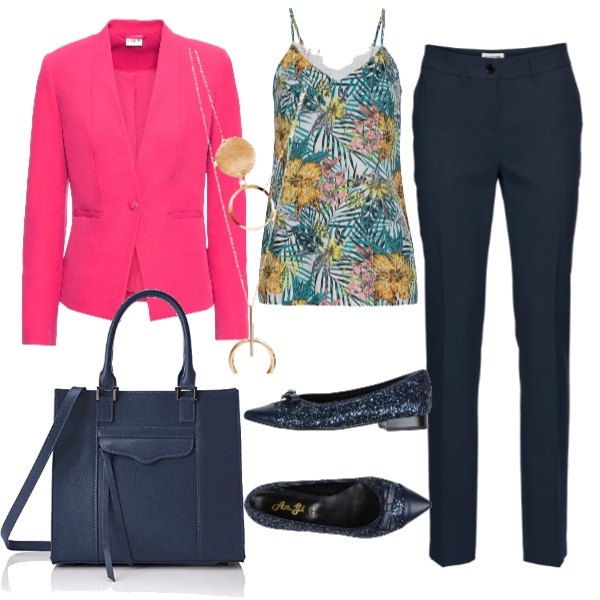 Outfit donna - Un tocco di colore. Stile Bon Ton per Ufficio. Abbinamento con pantaloni, blazer con tasche fucsia, top con pizzo e spalline bianco, collana oro, ballerine con fiocco glitter con tacco squadrato a punta in pelle sintetica tinta unita, borsa a mano blu.