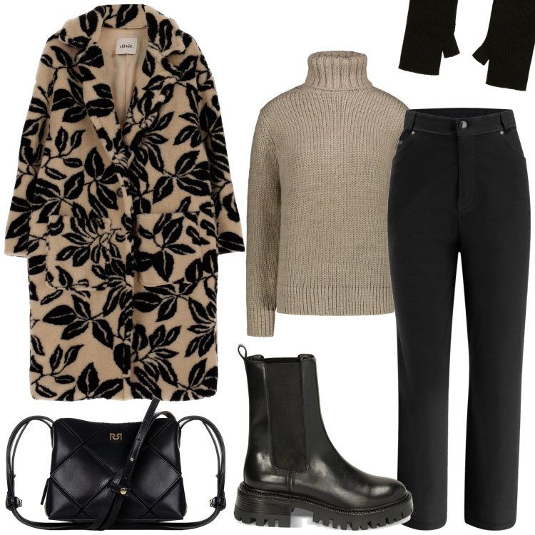 Outfit donna - Cappotto floreale. Stile Trendy per Ufficio. Abbinamento con borse a spalla, guanti, pantaloni capri, stivaletti chelsea, cappotti, maglieria.