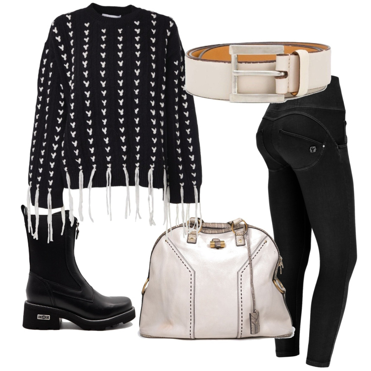 Outfit donna - Frangemania. Stile Casual per Scuola/Università. Abbinamento con borse a spalla, cinture, pantaloni skinny, anfibi, maglieria.