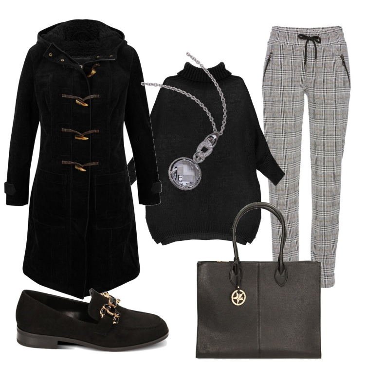 Outfit donna - La borsa simbolo di femminilità. Stile Minimal per Ufficio. Abbinamento con pantaloni, montgomery, maglieria, mocassini, borse a spalla, ciondoli.