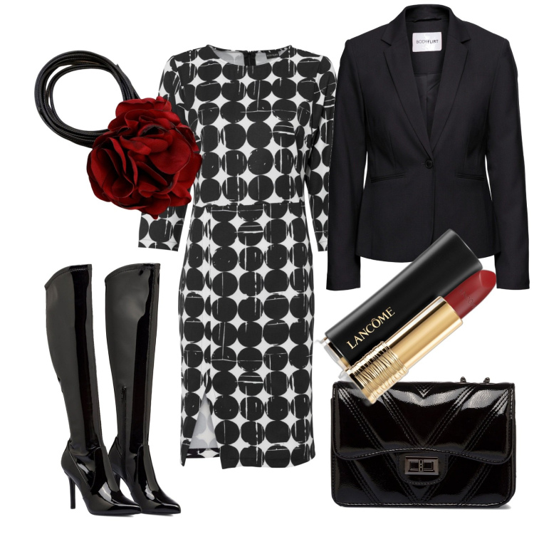 Outfit donna - Il fiore rosso. Stile Chic per Serata fuori. Abbinamento con blazer, vestiti a tubino, rossetti, collane, stivali sopra il ginocchio, borse a tracolla.