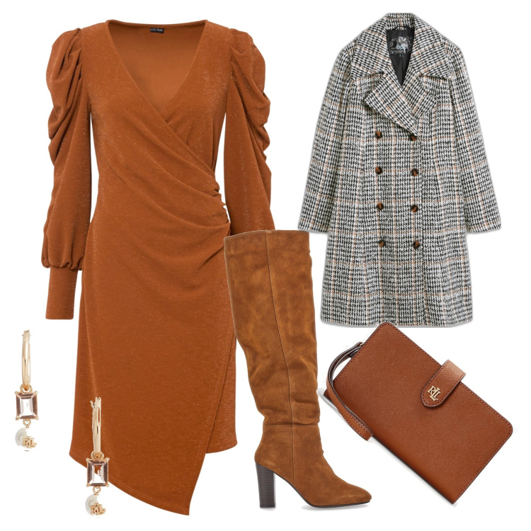 Outfit donna - Total look con stivale. Stile Chic per Serata fuori. Abbinamento con vestiti, cappotti, pochette, orecchini, stivali.