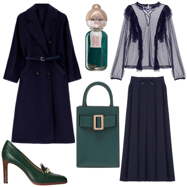 Outfit donna - Blu notte e verde. Stile Chic per Ufficio. Abbinamento con profumi, camicie, cappotti, pantaloni a palazzo, décolleté, borse a mano.