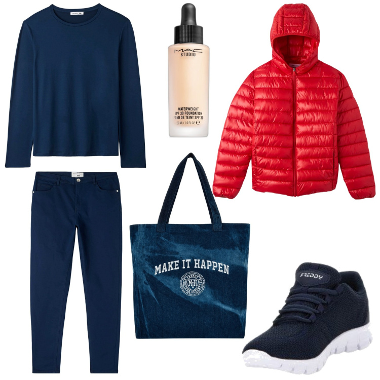 Outfit donna - Porto i bimbi a scuola. Stile Basic per Tutti i giorni. Abbinamento con fondotinta, pantaloni, blazer, t-shirt, sneakers, shopping bag.