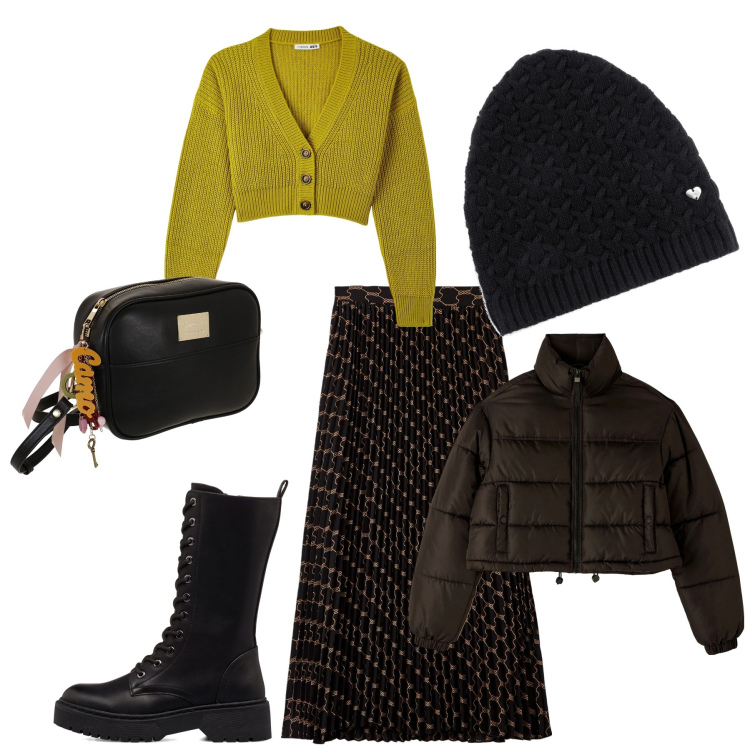 Outfit donna - Total look #1751622. Stile Sporty chic per Tutti i giorni. Abbinamento con berretti, gonne longuette, cardigans, piumini, anfibi, borse a tracolla.