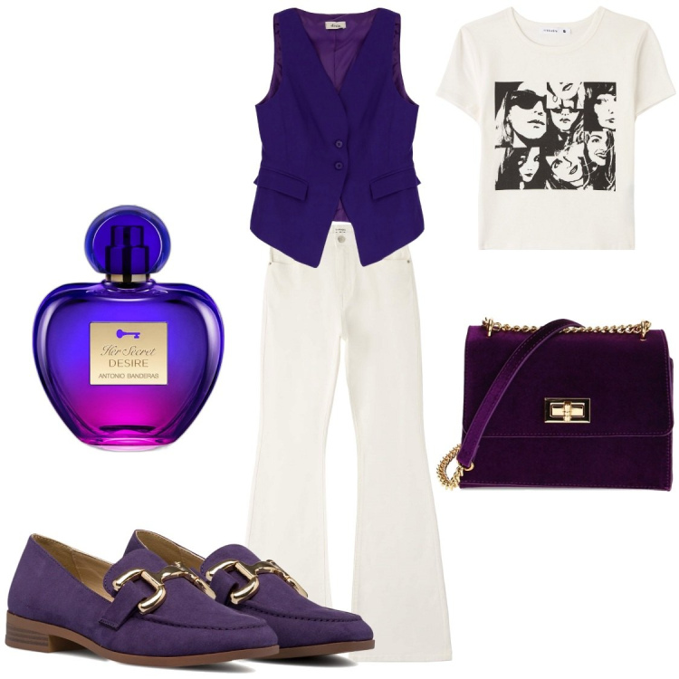 Outfit donna - Cheap and chic, very cool. Stile Chic per Ufficio. Abbinamento con profumi, t-shirt, pantaloni, borse a tracolla, mocassini, gilet.
