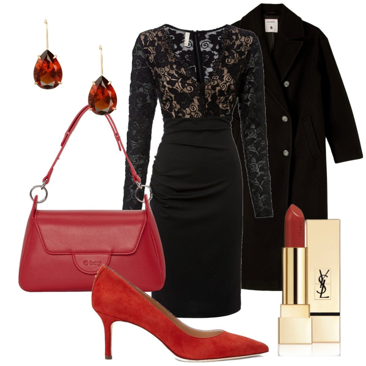 Outfit donna - Nero & rosso passione. Stile Chic per Serata fuori. Abbinamento con vestiti, rossetti, cappotti, décolleté, orecchini, borse a spalla.