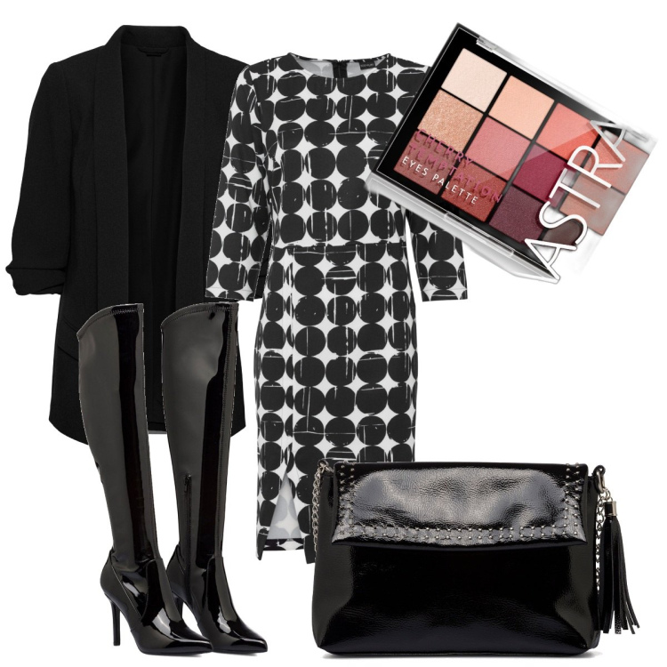 Outfit donna - Un tubino che mi piace. Stile Chic per Tutti i giorni. Abbinamento con blazer, vestiti a tubino, ombretti, borse a tracolla, stivali sopra il ginocchio.