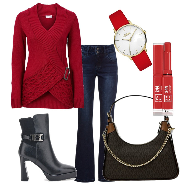 Outfit donna - Total look #1751640. Stile Casual per Tutti i giorni. Abbinamento con jeans bootcut, maglieria, rossetti, clutch, stivaletti, orologi analogici.