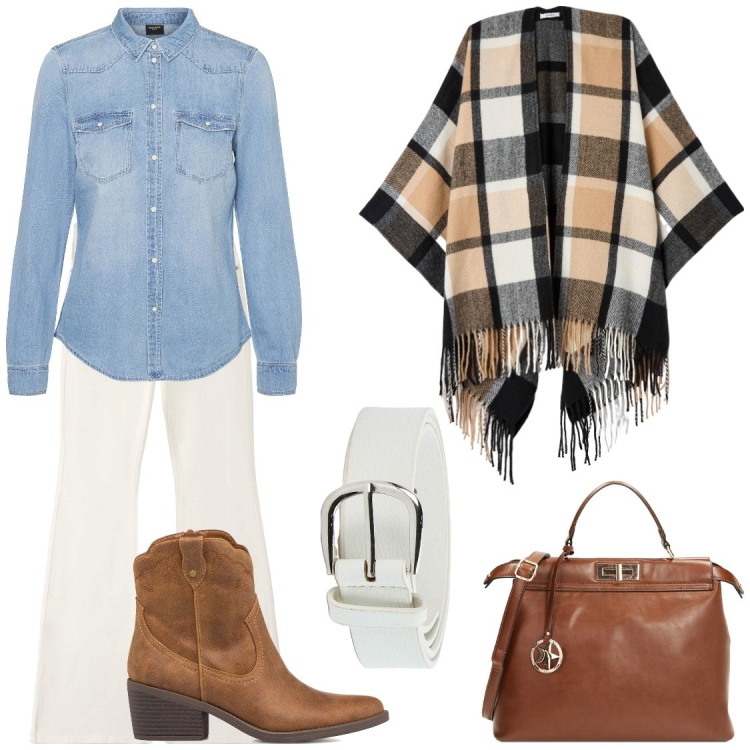 Outfit donna - Poncho con le frange. per Tutti i giorni. Abbinamento con cappe, pantaloni, cinture, borse a mano, stivaletti texani, camicie.