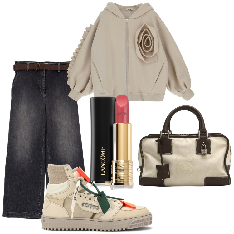 Outfit donna - La felpa romantica. Stile Sporty chic per Tutti i giorni. Abbinamento con borse a mano, rossetti, jeans, felpe con cappuccio, sneakers alte.
