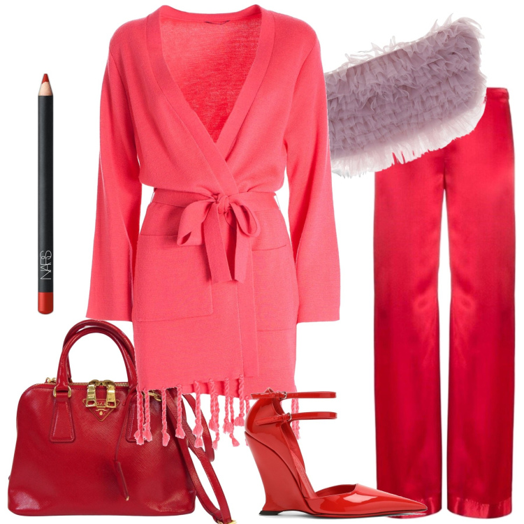 Outfit donna - Rouge. Stile Chic per Tutti i giorni. Abbinamento con borse a mano, pantaloni a palazzo, matite labbra, cardigans, top, décolleté.