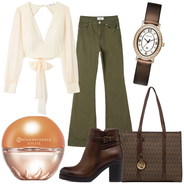 Outfit donna - That Girl. Stile Casual per Tutti i giorni. Abbinamento con profumi, pantaloni, bluse, stivaletti, borse a spalla, orologi analogici.