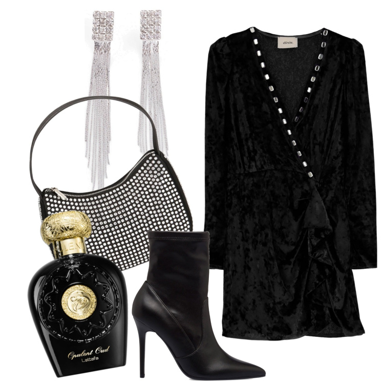 Outfit donna - Sera fuori. Stile Glamour per Serata fuori. Abbinamento con orecchini, profumi, borse a spalla, vestiti, stivaletti.