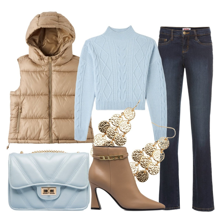 Outfit donna - Naturale. Stile Casual chic per Tutti i giorni. Abbinamento con jeans bootcut, orecchini, maglieria, piumini, borse a tracolla, stivaletti.