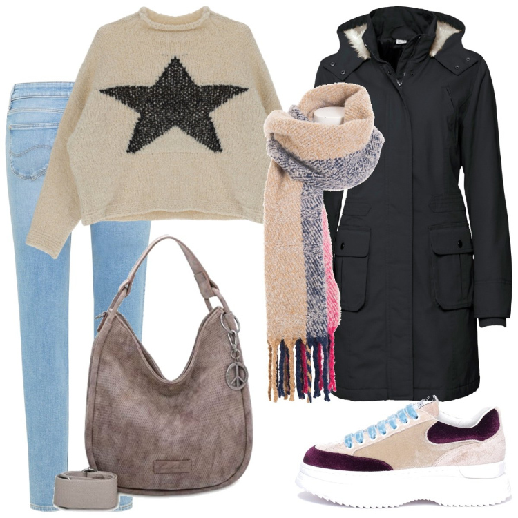 Outfit donna - Il maglione con la stella. Stile Casual per Tutti i giorni. Abbinamento con parka, sneakers, sciarpe, maglieria, jeans skinny, ciondoli.