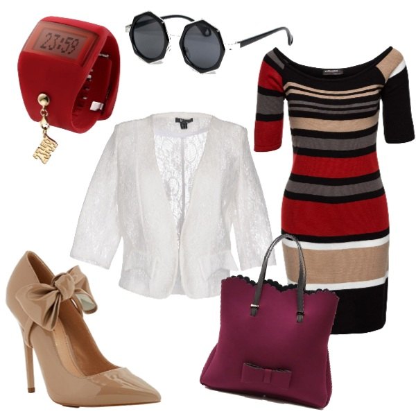 Outfit donna - In ufficio rompendo le righe. Stile Chic per Ufficio. Abbinamento con vestito a righe in in maglia, giacca, scarpe col tacco beige, orologio, shopping bag con fiocco e zip in tessuto tecnico, occhiali da sole lenti scure stanghette sottili protezione dai raggi.