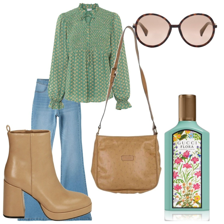 Outfit donna - Atmosfera anni \'70. Stile Vintage retrò per Tutti i giorni. Abbinamento con bluse, borse a tracolla, occhiali da sole, profumi, jeggings, stivaletti.