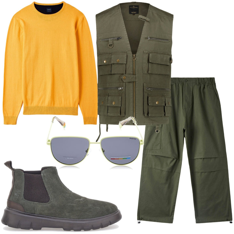 Outfit uomo - Una gita al lago. Stile Trendy per Tutti i giorni. Abbinamento con gilet, stivali e stivaletti, maglieria, pantaloni, occhiali da sole.