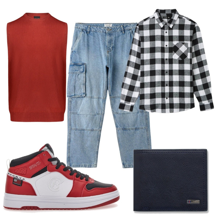 Outfit uomo - Total look #1751756. Stile Casual per Tutti i giorni. Abbinamento con camicie, jeans, portafogli, gilet, sneakers.