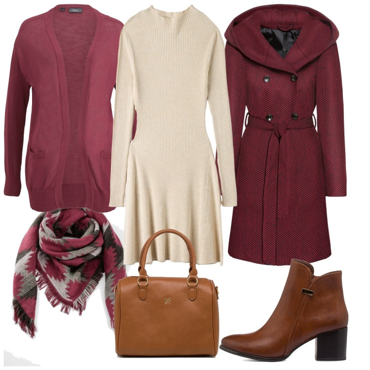 Outfit donna - Inverno in bordeaux. Stile Casual per Tutti i giorni. Abbinamento con cappotti, cardigans, foulard, vestiti midi/longuette, stivaletti, borse a mano.