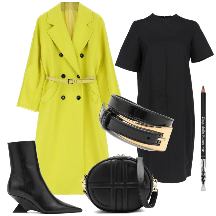 Outfit donna - Il cappotto colorato. Stile Casual chic per Tutti i giorni. Abbinamento con vestiti midi/longuette, matite sopracciglia, cappotti, braccialetti, stivaletti, borse a tracolla.